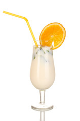 Delicious milk shake with fruit isolated on white
