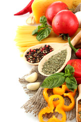 Pasta spaghetti, vegetables and spices, isolated on white