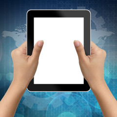 Hand of business woman holding digital tablet with blank screen