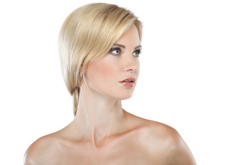 Naklejka premium Portrait of whiteheaded young woman with beautiful blue eyes 