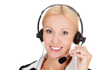 Cheerful call center operator against white background