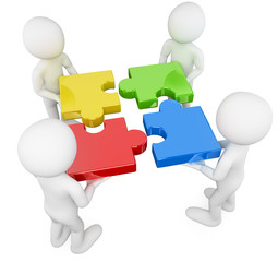 3D white people. Team with puzzle