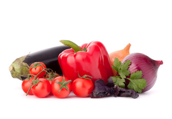 Sweet pepper, onion, tomato, eggplant  and basil leaves  still l
