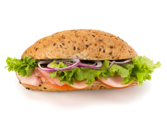 fast food baguette sandwich with lettuce, tomato, ham and chees