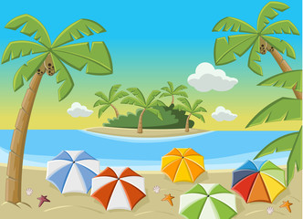 Fototapeta na wymiar Tropical beach with blue ocean, umbrellas and palm trees.
