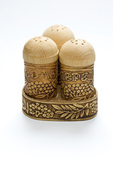 Wooden set for spices isolated on white background