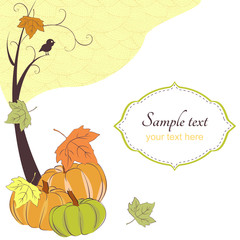 and fAutumn retro background with tree, pumpkins