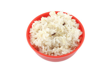 Steam brown rice red bowl on white background.