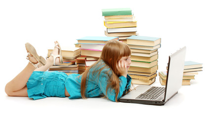 little girl with notebook and books isolated on white