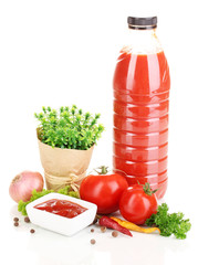 Still life tomatoes ketchup and herbs isolated on white