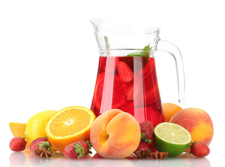 sangria in jar with fruits, isolated on white