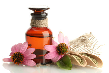 medicine bottle with purple echinacea , isolated on white