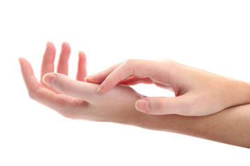 one woman hand massaged other, isolated on white