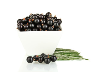 Fresh black currant in white bowl isolated on white