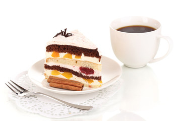 Layered fruit cake isolated on white