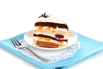 Layered fruit cake isolated on white