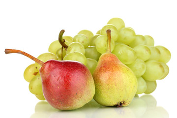 ripe sweet grapes and pears isolated on white