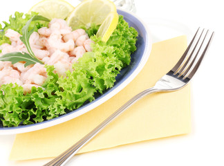 Delicious marinated shrimp in plate isolated on white