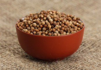 Heap coriander seeds in bowl on canvas background close-up