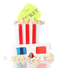 popcorn with glasses and tickets isolated on white