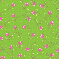 Vector seamless green pattern with pink flowers
