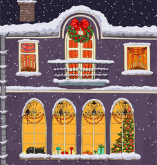 Hand-drawn Christmas background with windows at night
