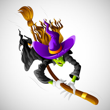 vector illustration of halloween witch flying on broom
