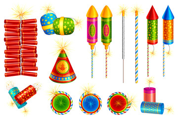 vector illustration of collection of colorful fire cracker - obrazy, fototapety, plakaty