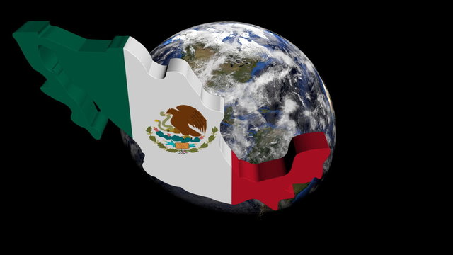 Mexico map flag over rotating globe animation