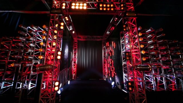 Gate of metal constructions with colorful light equipment