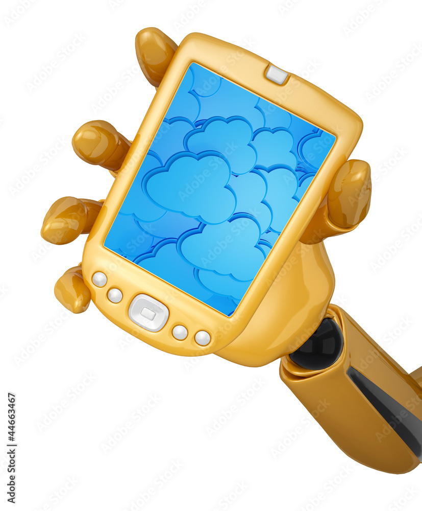 Poster robotic hand hold a mobile phone with 3d cloud computing icon ba