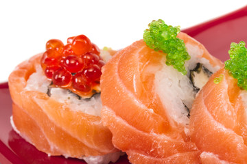 Japanese sushi traditional japanese food.Roll made of salmon, re