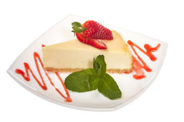 a piece of strawberry cheesecake on whit