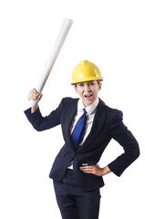 Woman architect with drawings on white