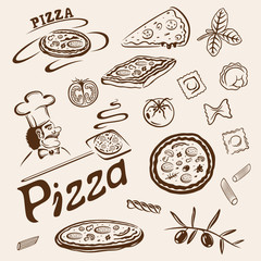 Pizza, Nudeln, Spaghetti, pasta, vector, Italien, Set - obrazy, fototapety, plakaty
