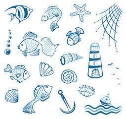 Maritim, Muscheln, Fische, Aquaristik, vector set © christine krahl