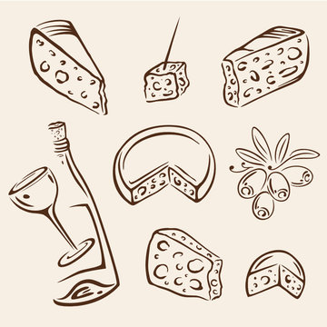Käse, vector set, cheese, Wein, Oliven