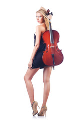 Woman playing cello on white