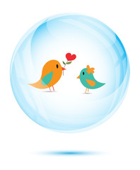 Cute couple bird with red heart flower in the blue glass
