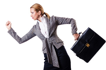 Businesswoman with briefcase on white
