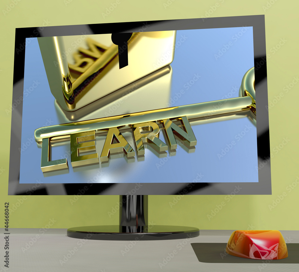 Poster learn key on computer screen showing online education