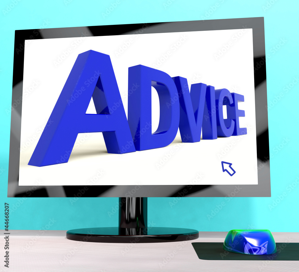 Poster advice word on computer screen showing assistance