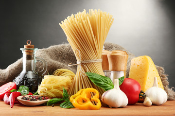 Pasta spaghetti, vegetables and spices,