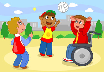 Two children playing volleyball with a boy on wheelchair. © carlafcastagno