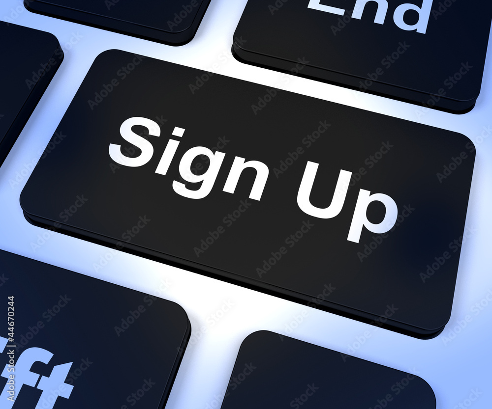 Poster sign up computer key showing subscription and registration