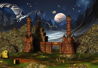 Tuinposter Fantasiescène met een kasteel en draken © diversepixel