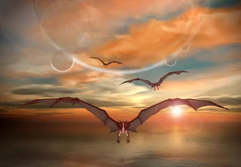 Papier Peint photo Lavable Dragons Scène fantastique avec des dragons volants