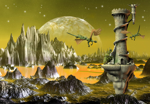 Fantasy Scene With Dragons And A Tower