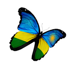Rwanda flag butterfly flying, isolated on white background