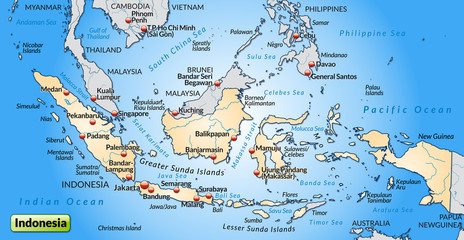 Landkarte von Indonesien mit Nachbarländern und Städten